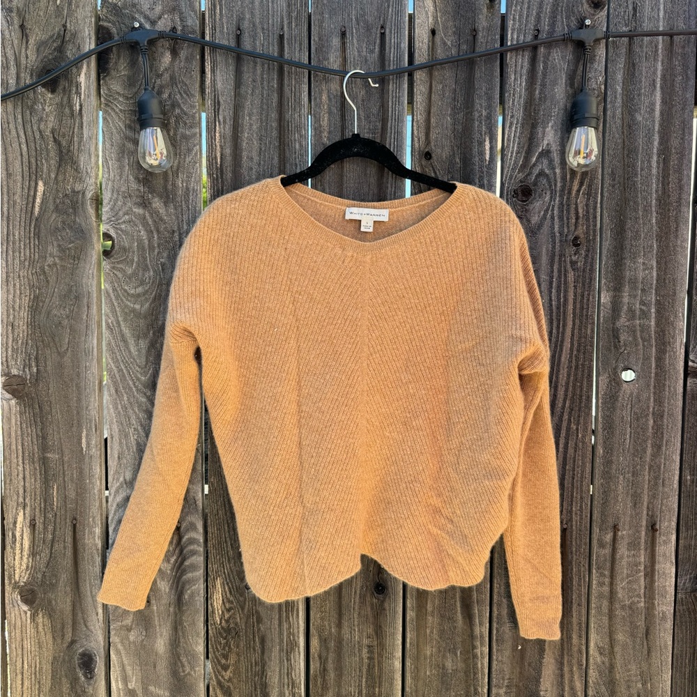 White + Warren Dark Camel Brown 100% Cashmere V Neck Long Sleeve Sweater Small
